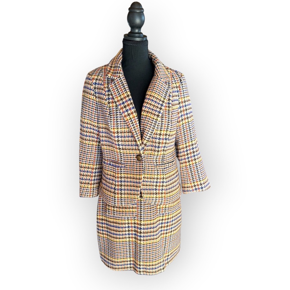Multicolor Houndstooth Blazer Skirt Set M Retro Tweed Preppy Academia Plaid